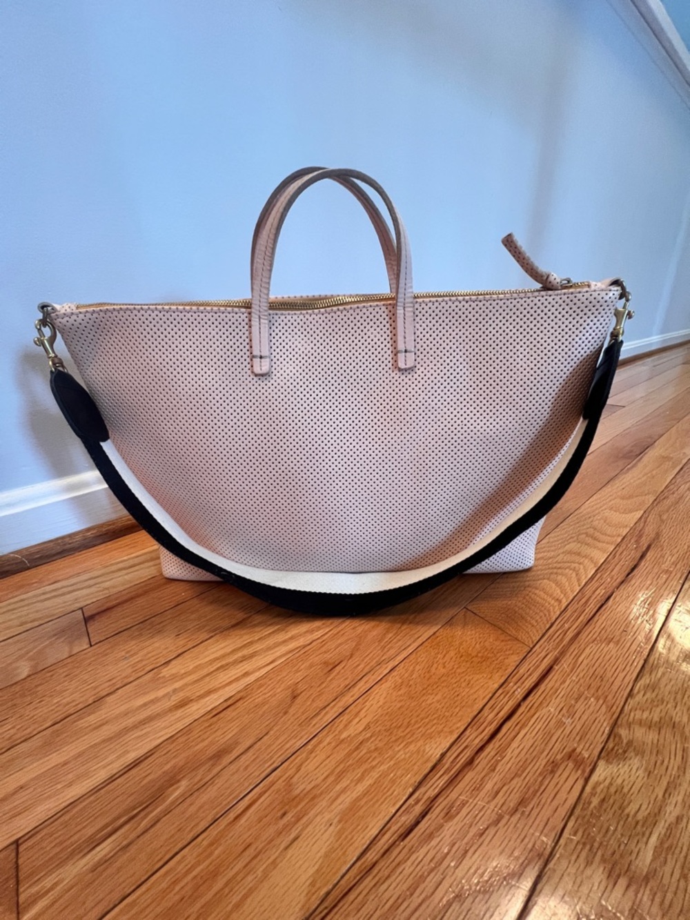 Clare V Perforated Leather
Attaché Tote Bag, Ballet Pink with B&W shoulder strap